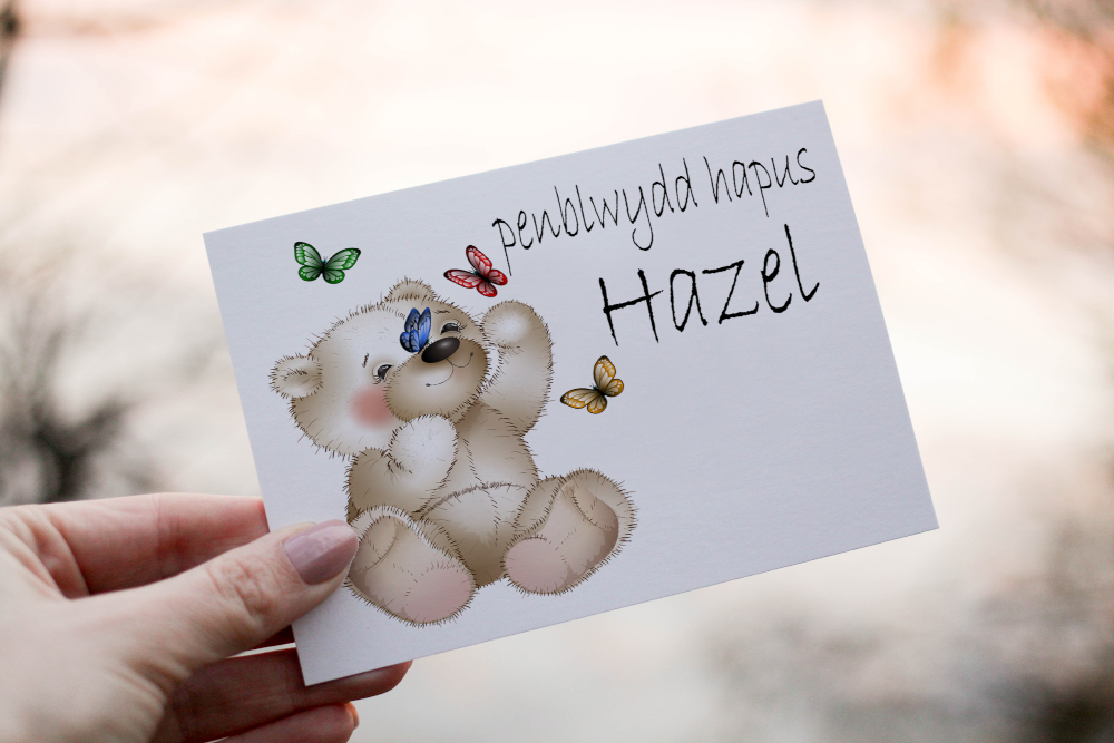 Bear & Butterfly Welsh Birthday Card, Card for Friend