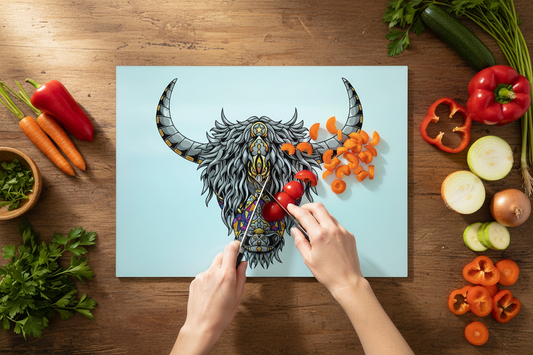Chakra Highland Cow Glass Chopping Board, Chakra Highland Cow Worktop Saver