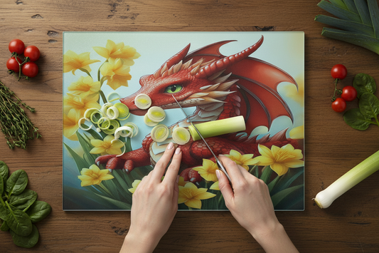 Dragon and Daffodils Glass Chopping Boards - Dragon Worktop Saver