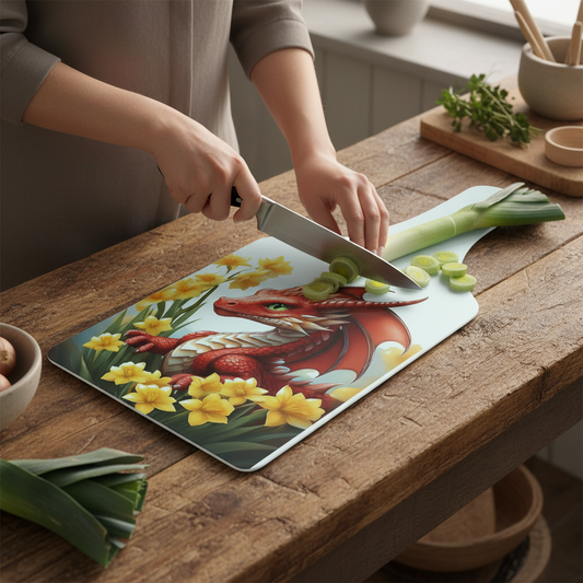 Dragon and Daffodils Bottle Shaped Glass Chopping Board - Cheese Platter, Dragon Worktop Saver