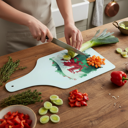 Welsh Dragon Flag Bottle Shaped Glass Chopping Board - Cheese Platter, Dragon Worktop Saver