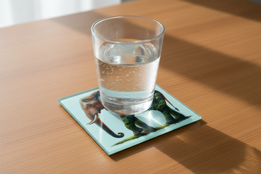 Elephant and Sunrise Landscape Glass Coaster (Set of 4)