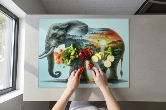 Elephant and Sunset Landscape Glass Chopping Board, Elephant and Sunset Landscape Worktop Saver