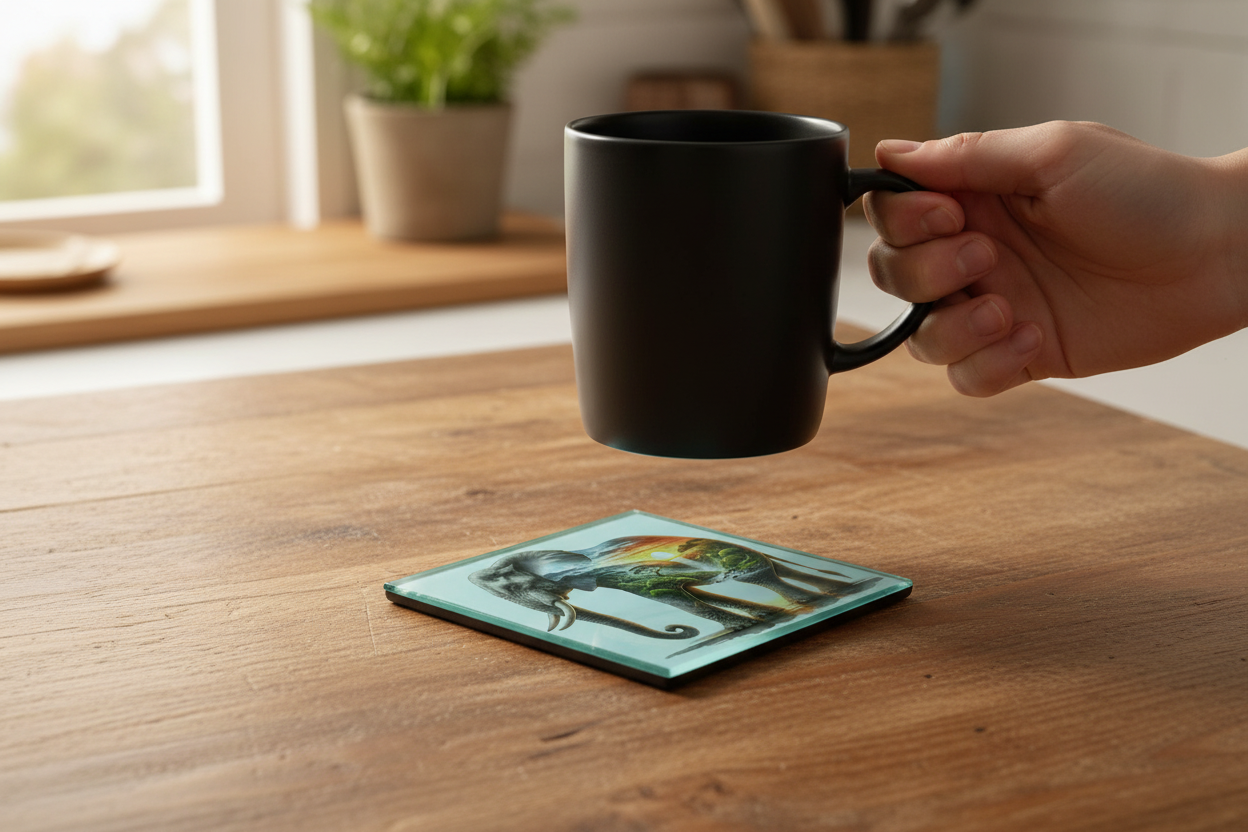 Elephant and Sunset Landscape Glass Coaster (Set of 4)