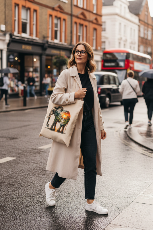 Elephant and Sunrise Landscape Tote Bag