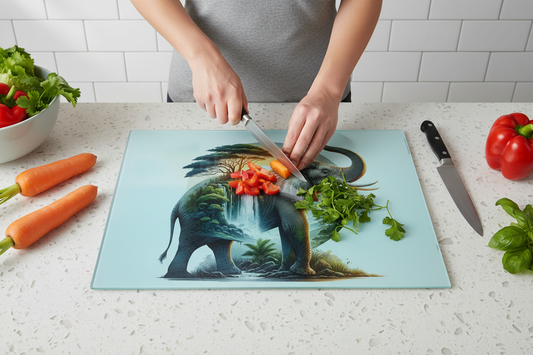 Elephant and Waterfall Landscape Glass Chopping Board, Elephant and Waterfall Landscape Worktop Saver