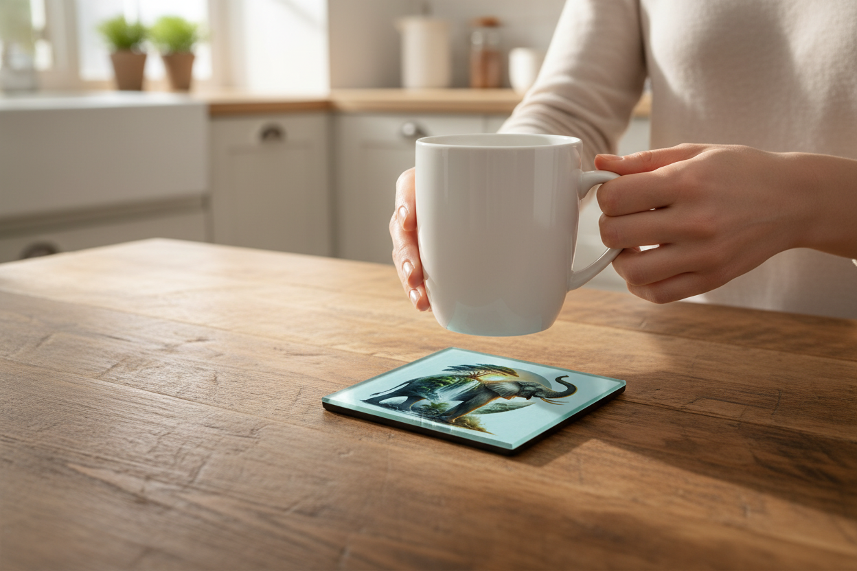 Elephant and Waterfall Landscape Glass Coaster (Set of 4)