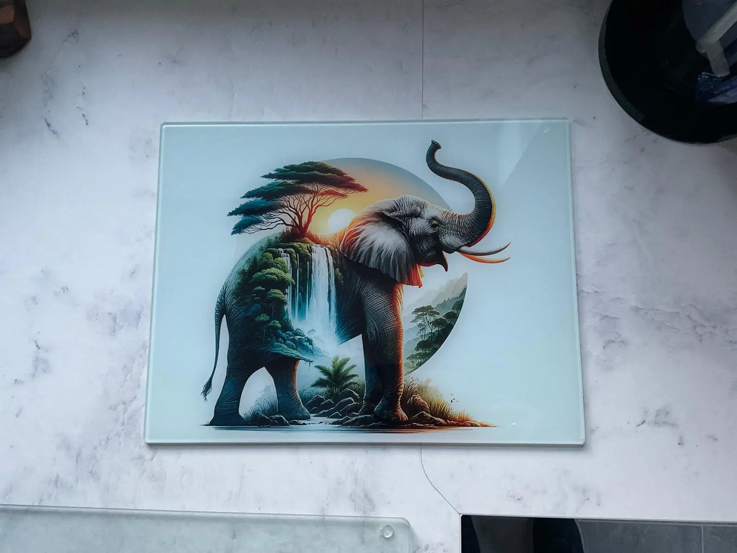 Elephant and Waterfall Landscape Glass Chopping Board, Elephant and Waterfall Landscape Worktop Saver