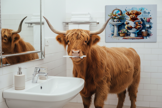 Highland Cow on the Toilet..... Glossy Aluminium Print
