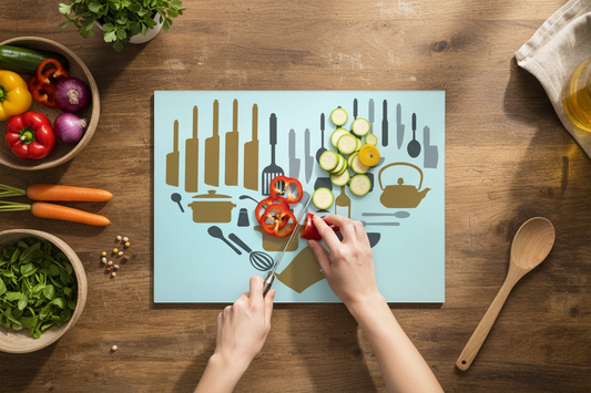 Utensil Heart Glass Chopping Board - Coloured - Worktop Saver