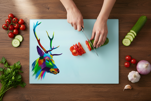 Multicoloured Stag Glass Chopping Board, Stag Worktop Saver