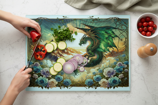 Mystic Dragon Glass Chopping Board, Dragon Worktop Saver