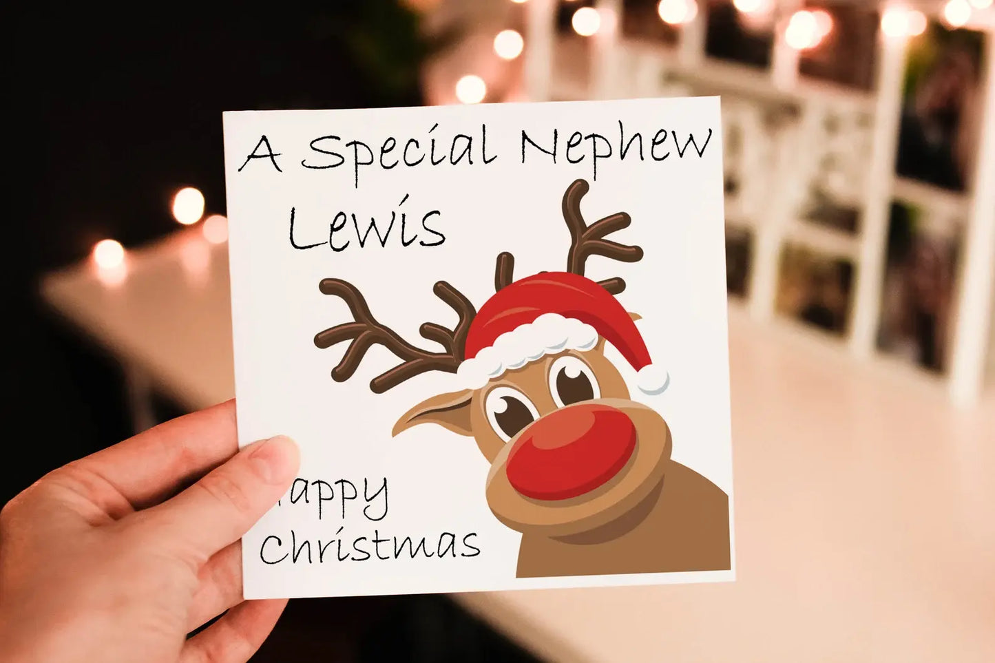 Personalised Reindeer Christmas Card, Rudolf Holiday Card - Nephew