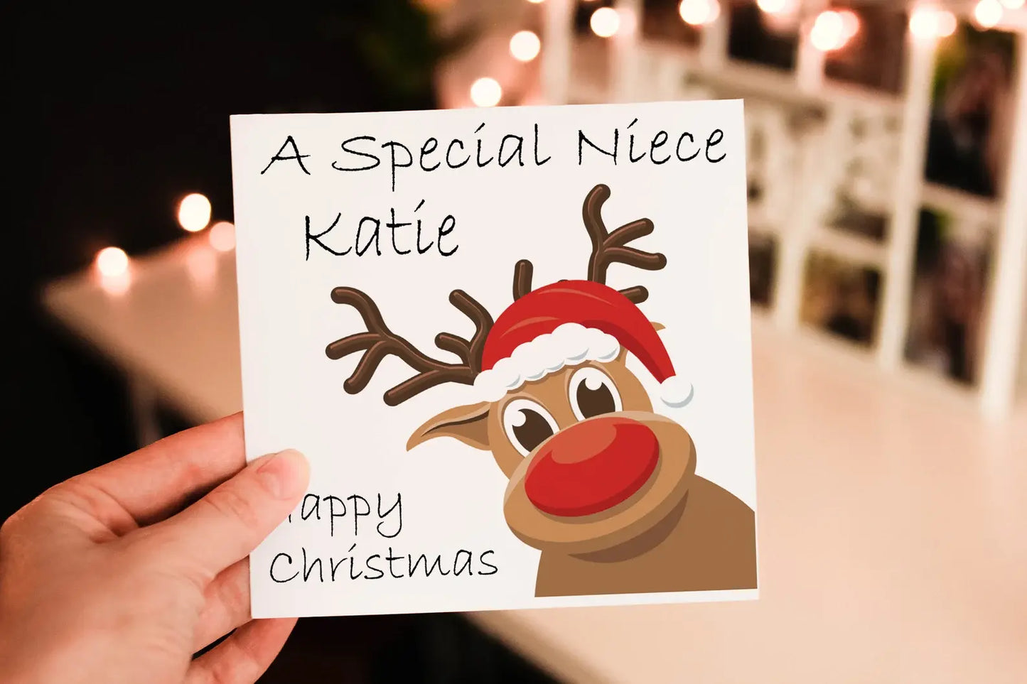 Personalised Reindeer Christmas Card, Rudolf Holiday Card - Daughter