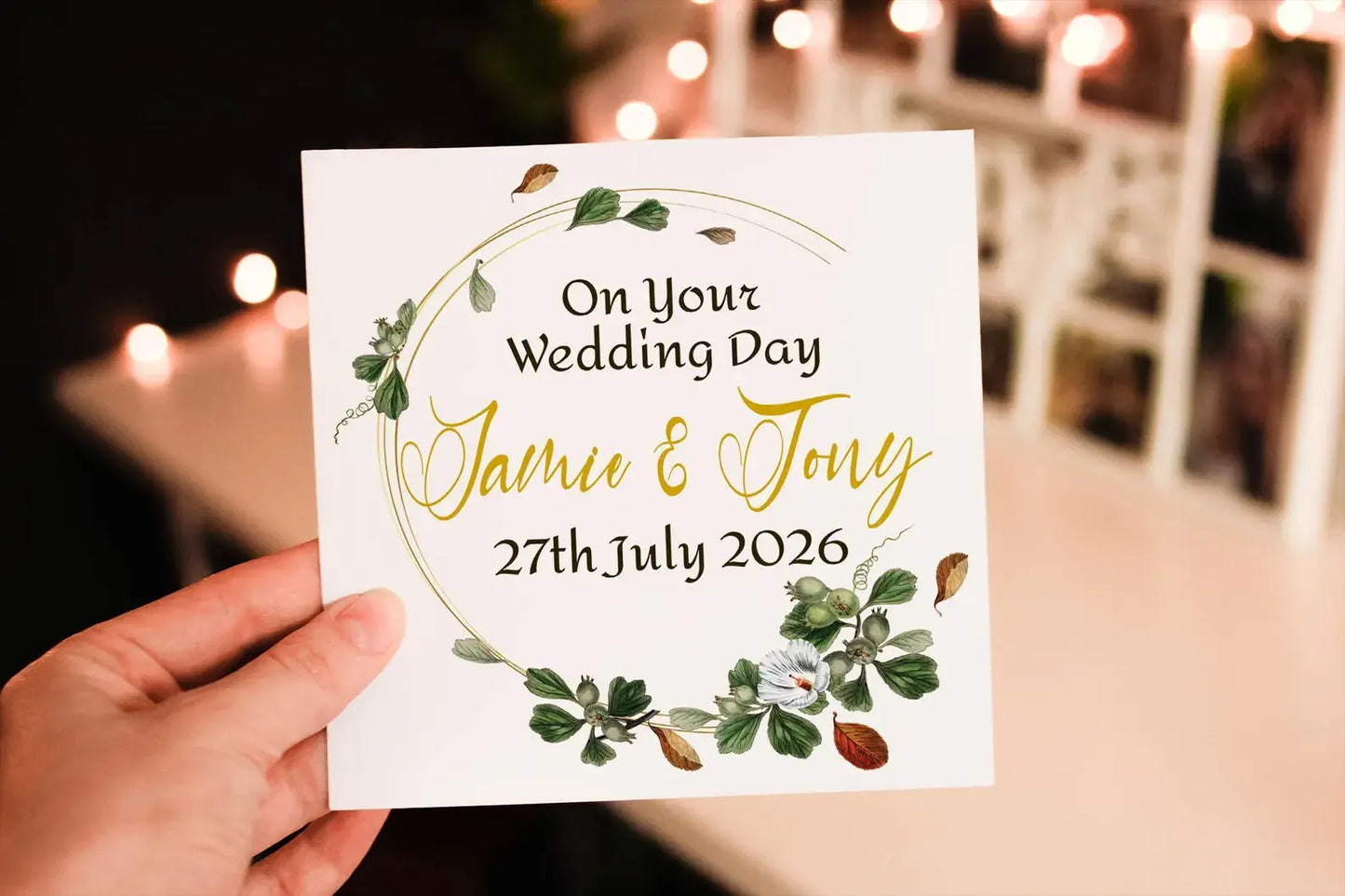 Personalised Wedding Day Card, Floral Wreath Design