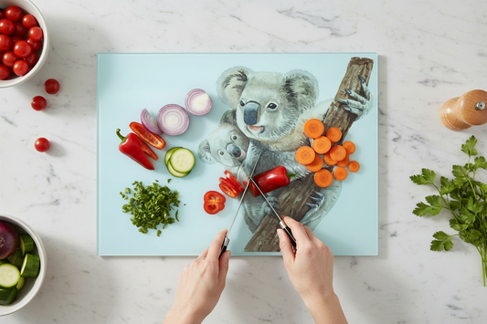 Koala Bear & Baby Large Glass Chopping Board, Koala Worktop Saver