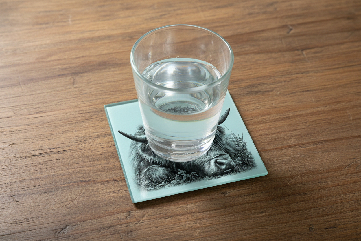 Sleeping Highland Cow Glass Coaster (Set of 4)