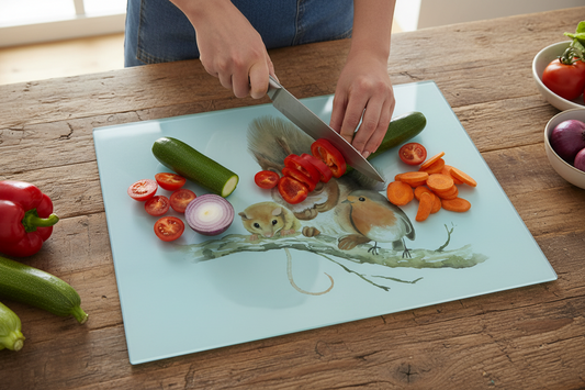 Squirrel, Robin & Vole Glass Chopping Board - Worktop Saver