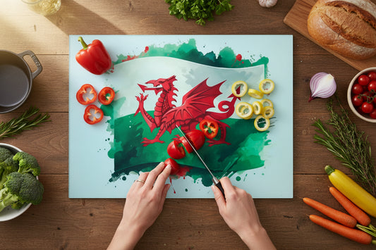Welsh Dragon Glass Chopping Board, Dragon Worktop Saver