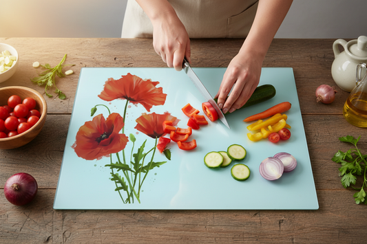 Wild Poppy Glass Chopping Board, Poppy Worktop Saver