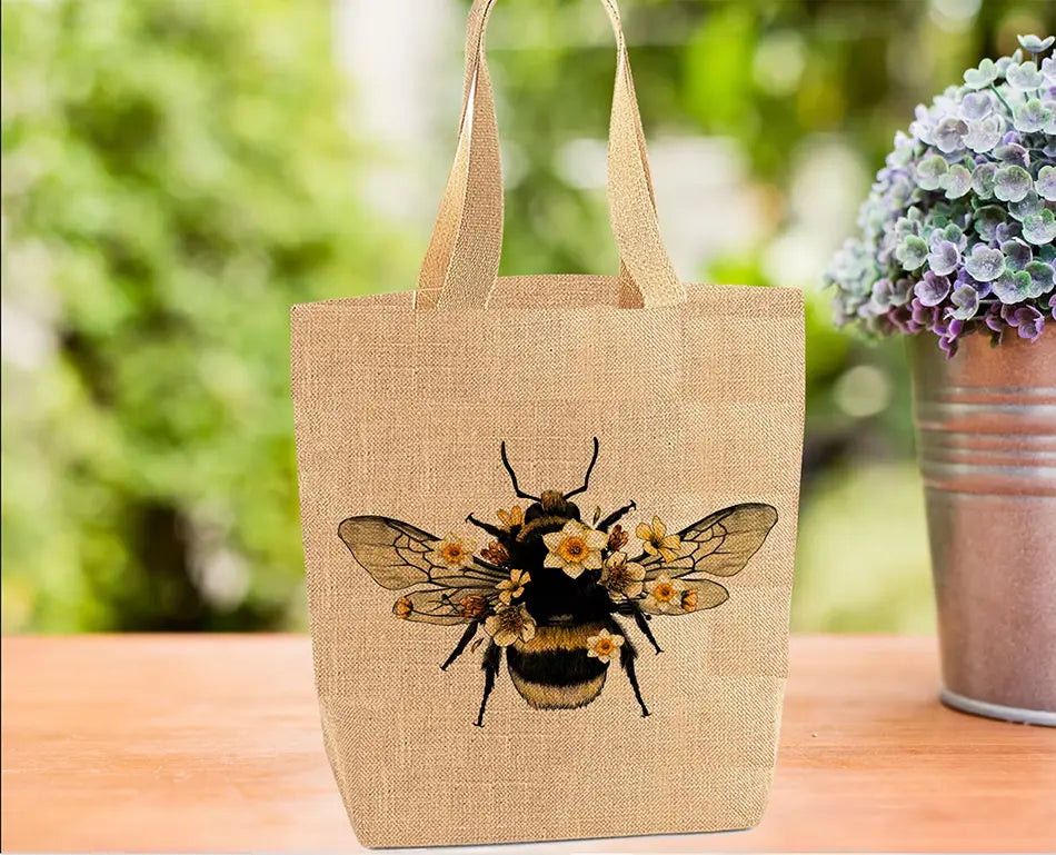 Reusable tote bag printed with a bee and daffodils design