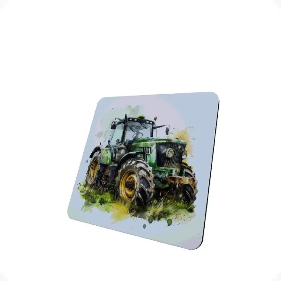 Green tractor design on a square hardboard drinks coaster