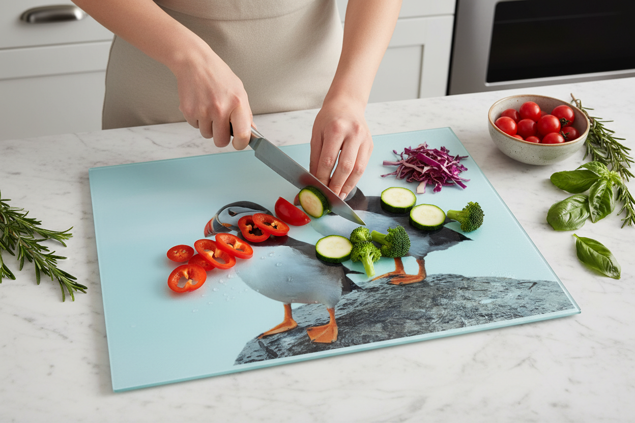 Puffin Glass Chopping Board, Puffin Worktop Saver