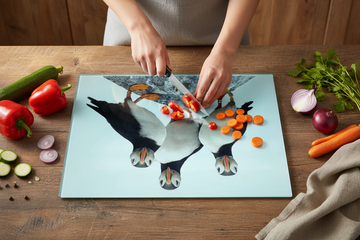 Puffin Glass Chopping Board, Puffin Worktop Saver
