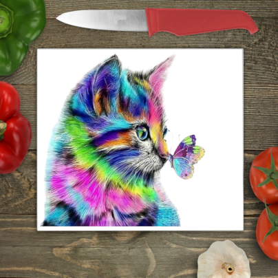 Cat and Butterfly Glass Chopping Board, Cat Worktop Saver