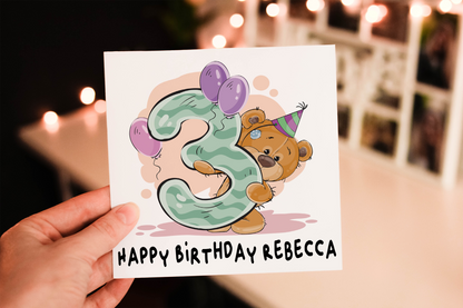 Personalized Teddy Bear Birthday Card: Custom Age, Child's Card