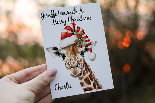 Personalised Giraffe Christmas Card, Festive Holiday Card