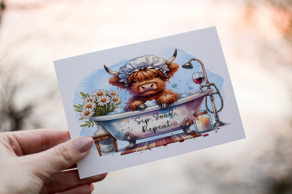 Highland Cow in the Bath Greetings Card, greetings card