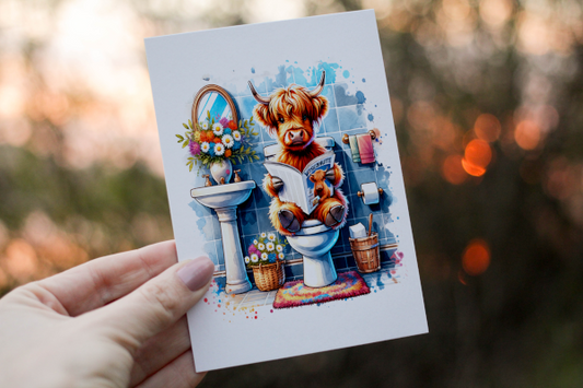 Highland Cow on the Toilet Greetings Card, personalised card