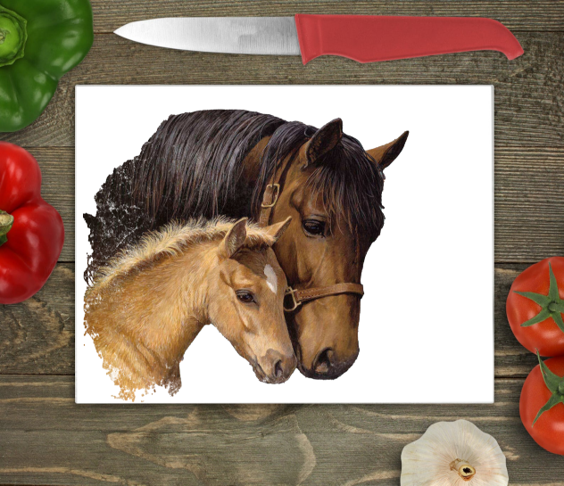 Horse and Foal Glass Chopping Board, Horse and Foal Worktop Saver