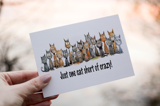 Just One Cat Short of Crazy Greetings Card, personalised card