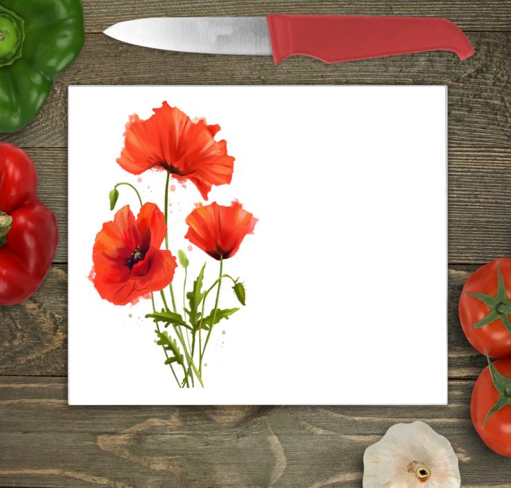 Wild Poppy Glass Chopping Board, Poppy Worktop Saver