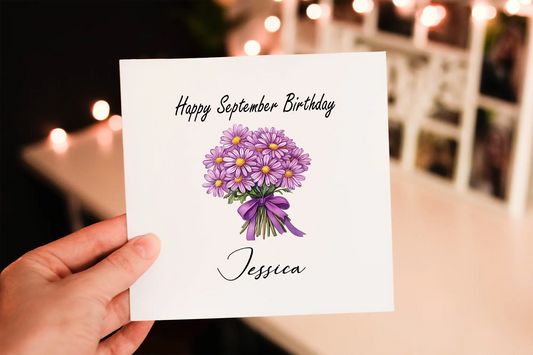 Personalised September Birthday Card: Aster Flower Greeting Card