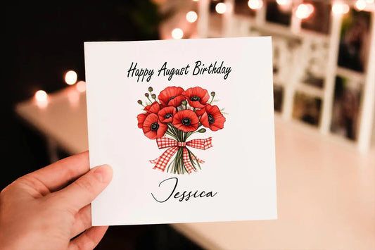 Personalised August Birthday Card: Poppy Flower Greeting Card