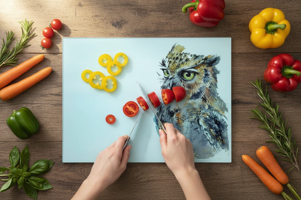Owl Glass Chopping Board, Owl Worktop Saver