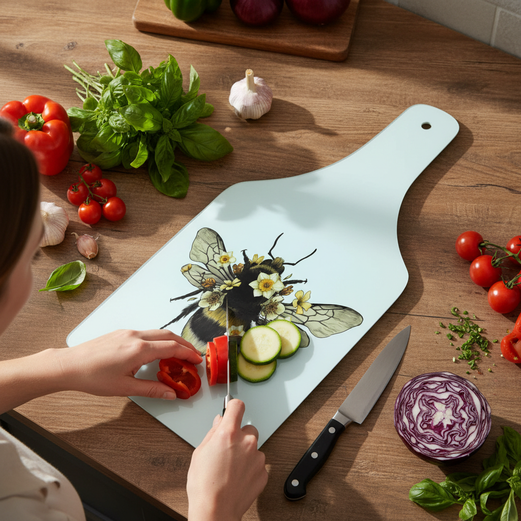 Bee and Daffodils Bottle Shaped Glass Chopping Board - Cheese Platter, Bee and Daffodils Worktop Saver