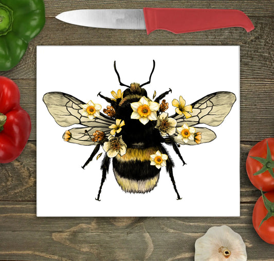 Bee and Daffodils Glass Chopping Board, Bee and Daffodils Worktop Saver
