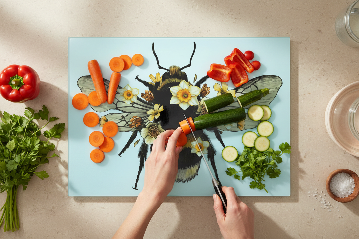 Bee and Daffodils Glass Chopping Board, Bee and Daffodils Worktop Saver