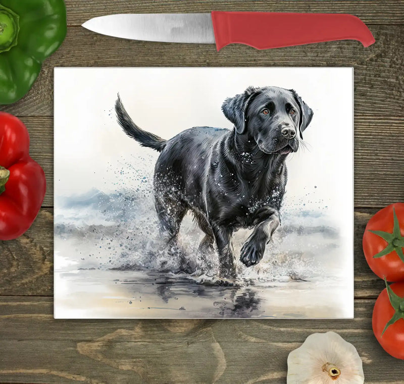 Running Black Labrador Glass Chopping Board