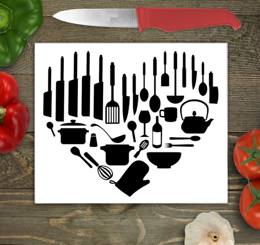 Utensil Heart Glass Chopping Board - Black - Worktop Saver
