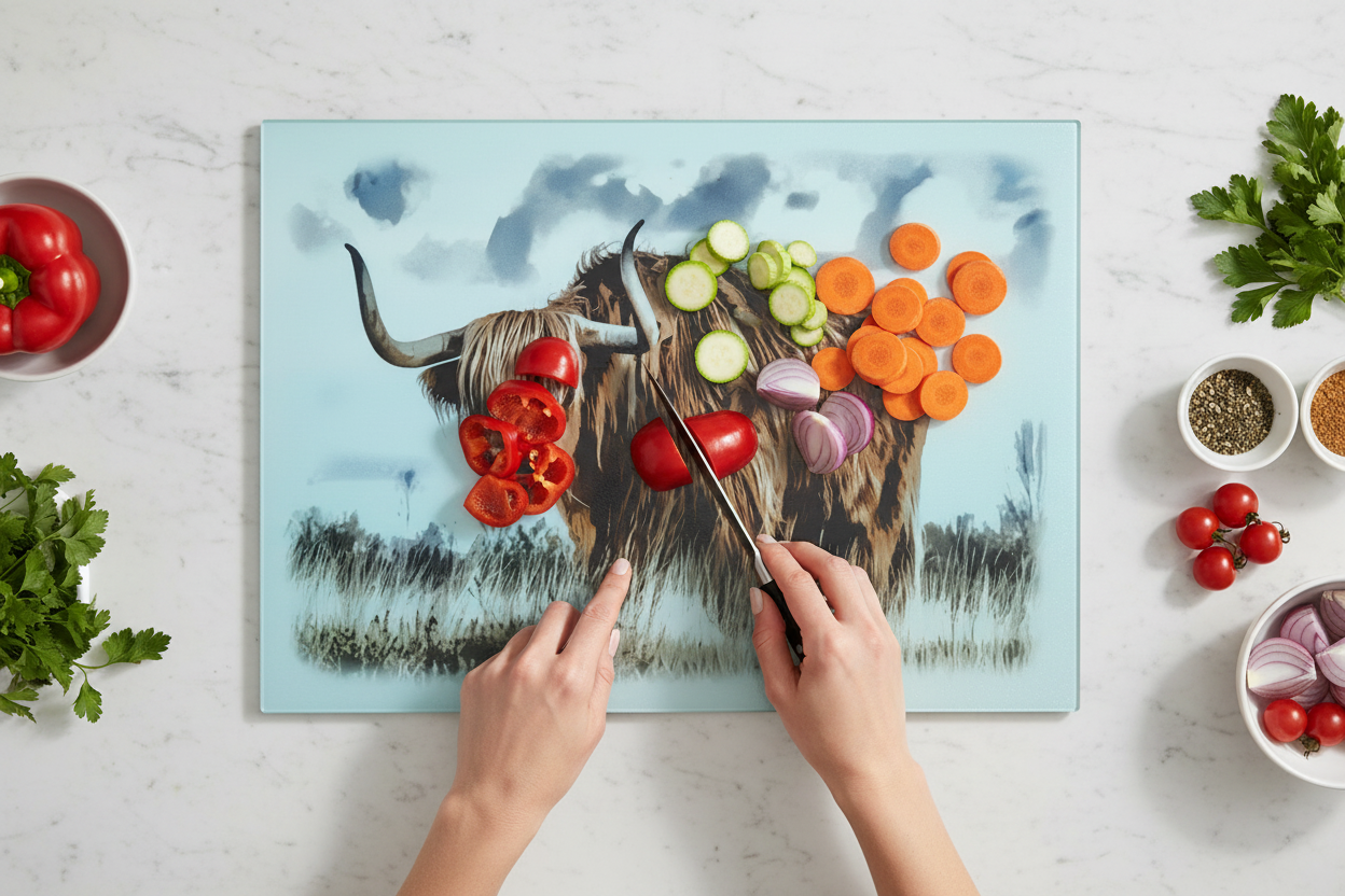 Highland Cow Glass Chopping Board - Highland Worktop Protector