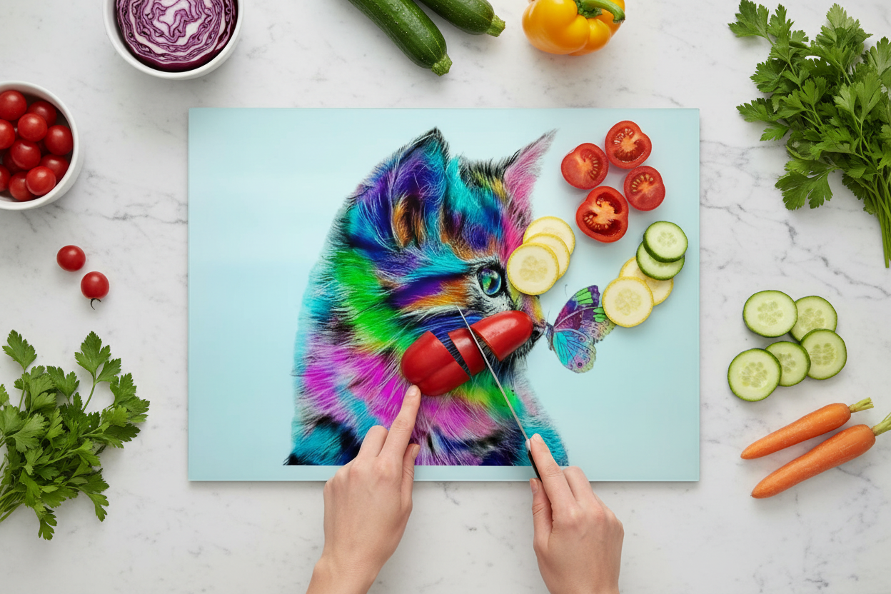 Cat and Butterfly Glass Chopping Board, Cat Worktop Saver