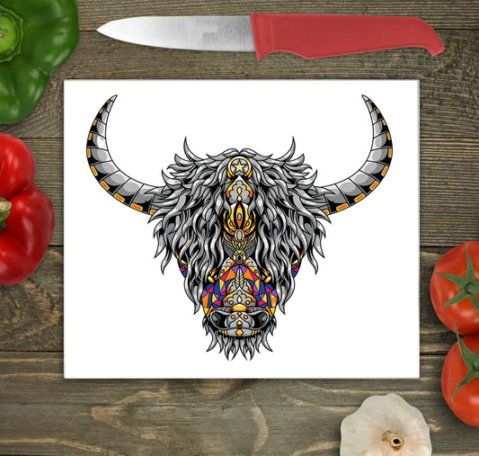 Chakra Highland Cow Glass Chopping Board, Chakra Highland Cow Worktop Saver
