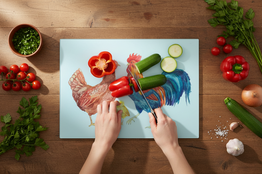 Chicken Large Glass Chopping Board, Chicken Worktop Saver