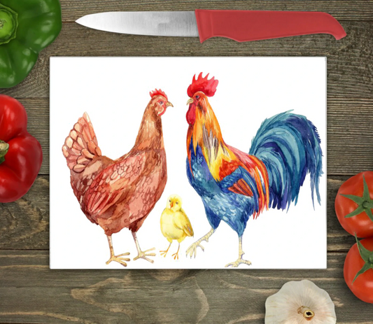 Chicken Large Glass Chopping Board, Chicken Worktop Saver