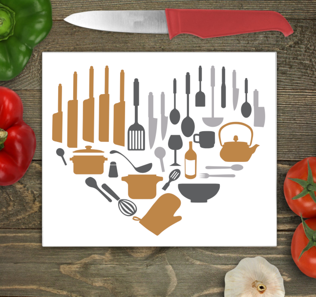 Utensil Heart Glass Chopping Board - Coloured - Worktop Saver